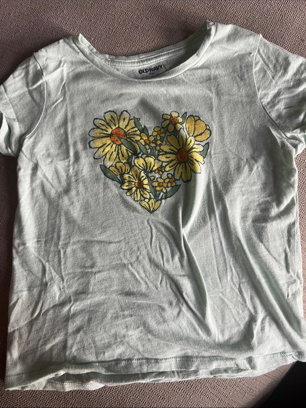 Old Navy Light Green Tee with Yellow Daisy Heart Graphic